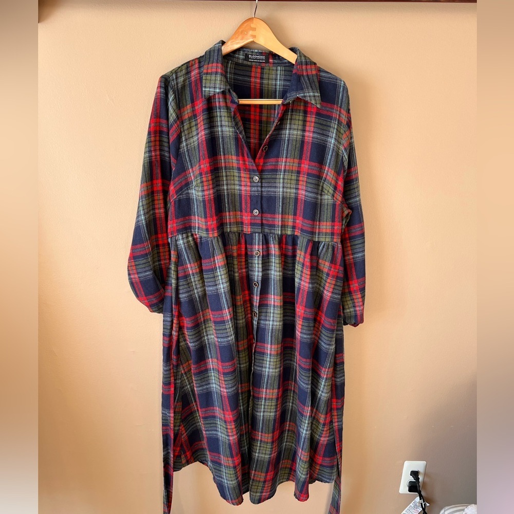 BloomChic Multicolor Plaid Long Sleeve Flannel Dress - Picture 3 of 9
